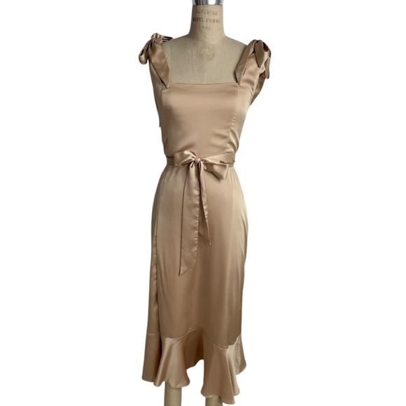 Show Me Your MuMu Dresses & Skirts - Show Me Your Mumu Claire Midi Dress Sz L Dune Luxe Satin Belt Shoulder Bows NEW